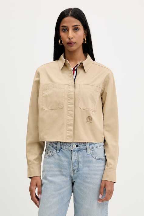 Tommy Jeans srajca ženska bombažna bež enobarvna DW0DW22942