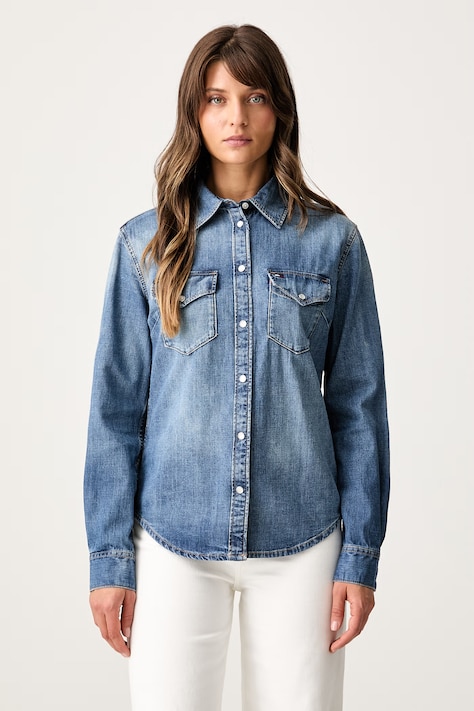 Tommy Jeans cămașă pentru femei din denim albastră simplă DW0DW23486