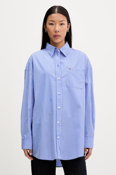 Tommy Jeans koszula damska bawełniana niebieska w paski DW0DW22936
