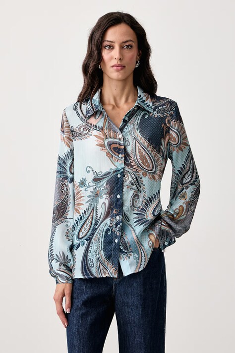 Guess Koszula damska CLOUIS niebieska z motywem roślinnym W6YH68 W3212