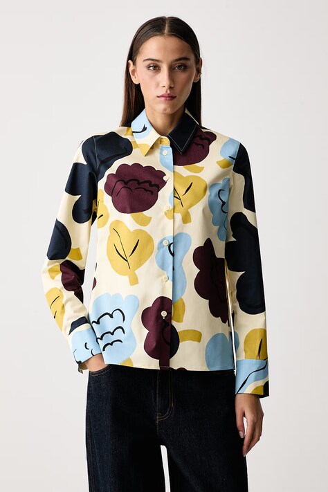 Marimekko Koszula damska z bawełną beżowa w kwiaty 096013