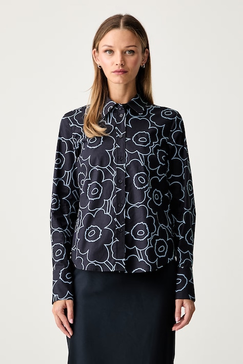 Marimekko srajca ženska bombažna mornarsko modra cvetlični vzorec 095996