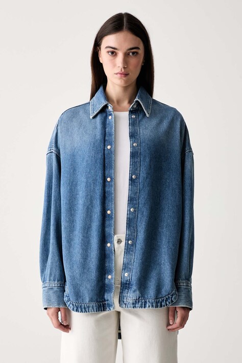 BOSS Orange koszula damska jeansowa C_OVERSHIRT 4.0 niebieska gładka 50567186