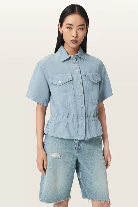 AllSaints koszula damska z lnem TOVE niebieska gładka W124PE