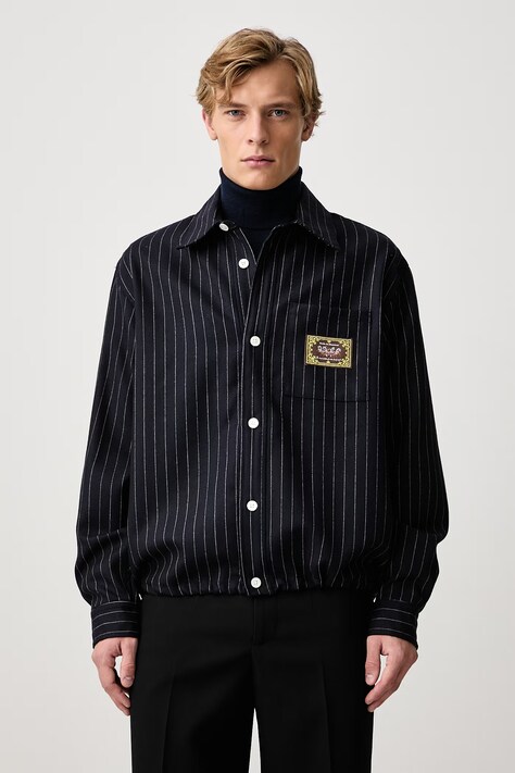Drôle de Monsieur Koszula męska wełniana Elasticated Hem granatowa w paski M-SH276-WV020