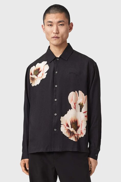 AllSaints Koszula męska z wiskozy FLORAISON LS SHIRT czarna w kwiaty M045SF