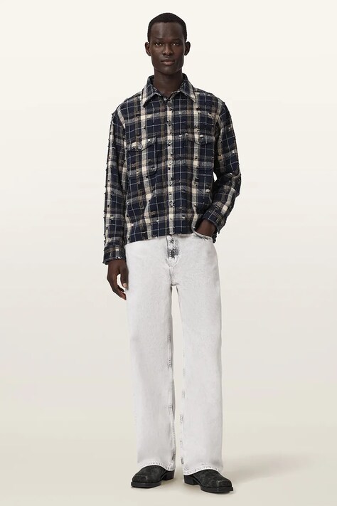 AllSaints Koszula męska bawełniana granatowa w kratkę M040SF