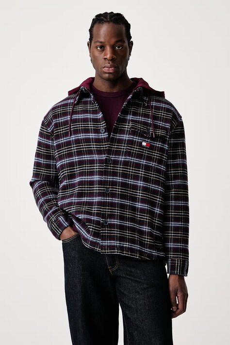 Tommy Jeans Košeľová bunda pánska bavlnená burgundská DM0DM23521