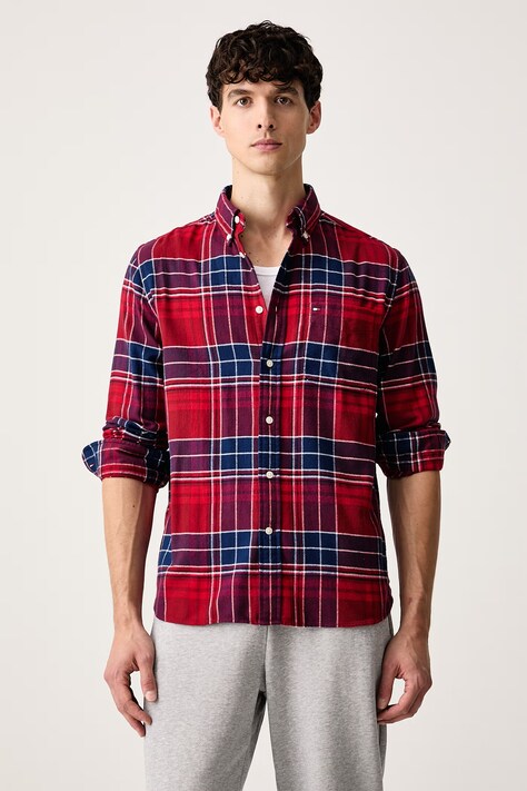 Tommy Hilfiger Košile pánská bavlněná burgundská kostkovaná MW0MW44592
