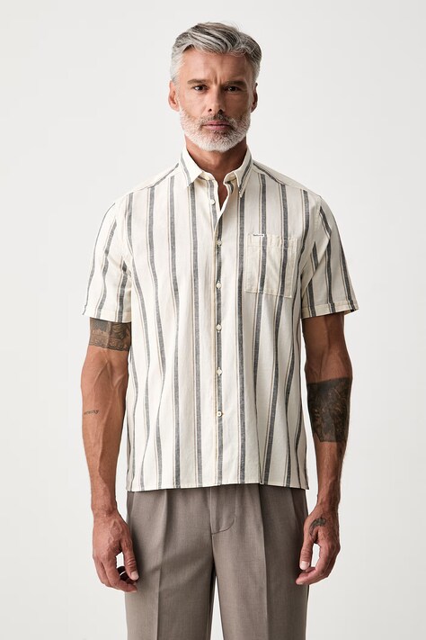 Barbour koszula męska z dodatkiem lnu Barkend beżowa w paski MSH5786