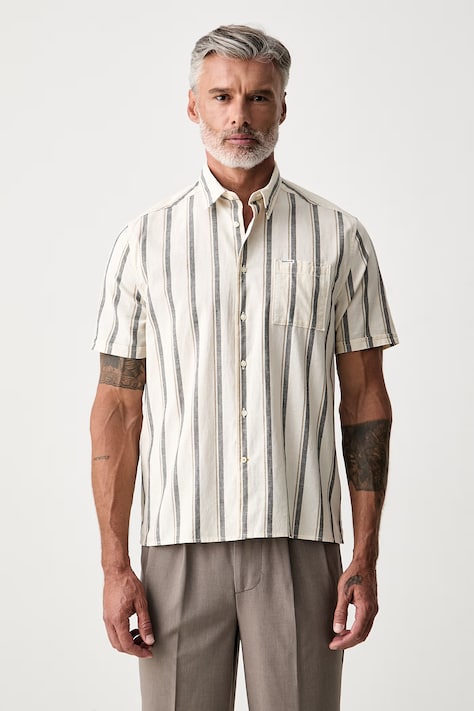 Barbour koszula męska z dodatkiem lnu Barkend beżowa w paski MSH5786