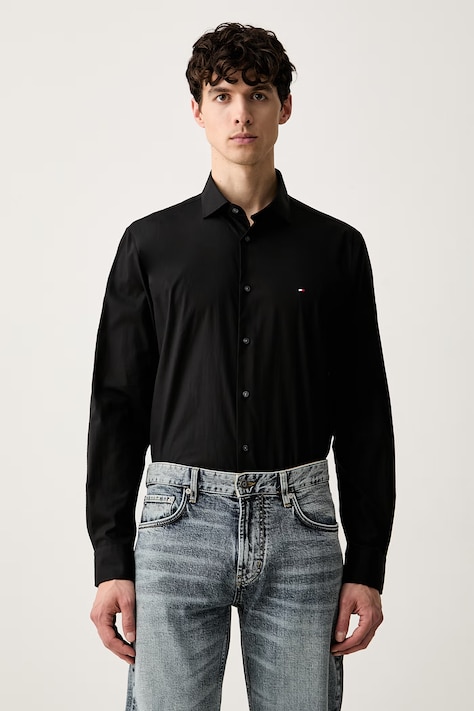 Tommy Hilfiger πουκάμισο ανδρικό με βαμβάκι μαύρο απλό MW0MW43122