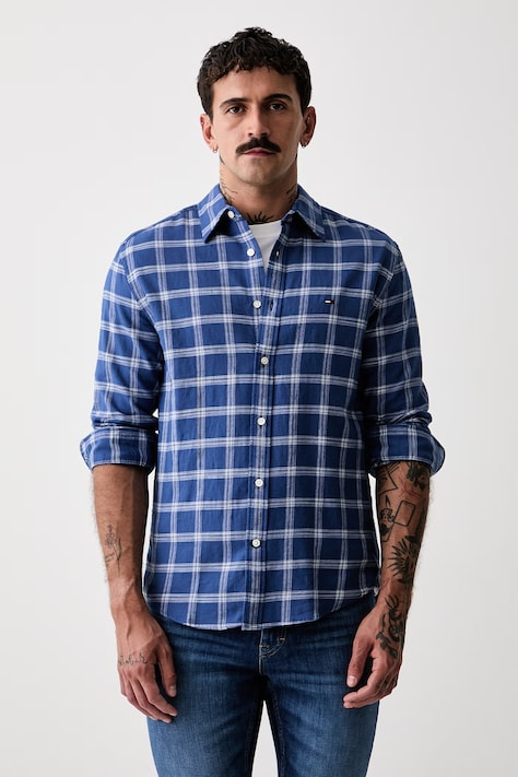 Tommy Jeans košile pánská bavlněná modrá kostkovaná DM0DM23139