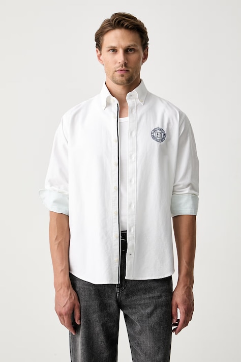 Hackett London Риза тип Оксфорд мъжка от памук бяла с лого HM3010768