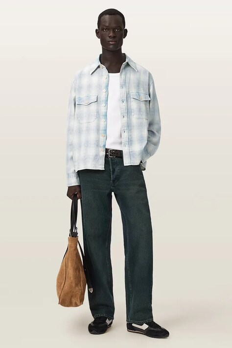 AllSaints camicia da uomo in cotone SANTOS blu a quadri M078SE