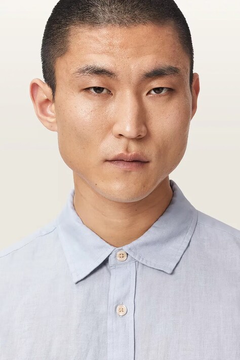 AllSaints camicia da uomo in lino LOOM blu liscia M172SC