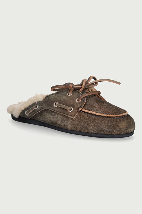 Posa Kapcie damskie zamszowe Boat Loafer Mule Fur Brushed beżowe PW50.305