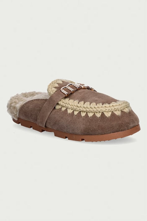 Mou Kapcie damskie zamszowe Winter Bio Slide Logo beżowe MU.FW431000A