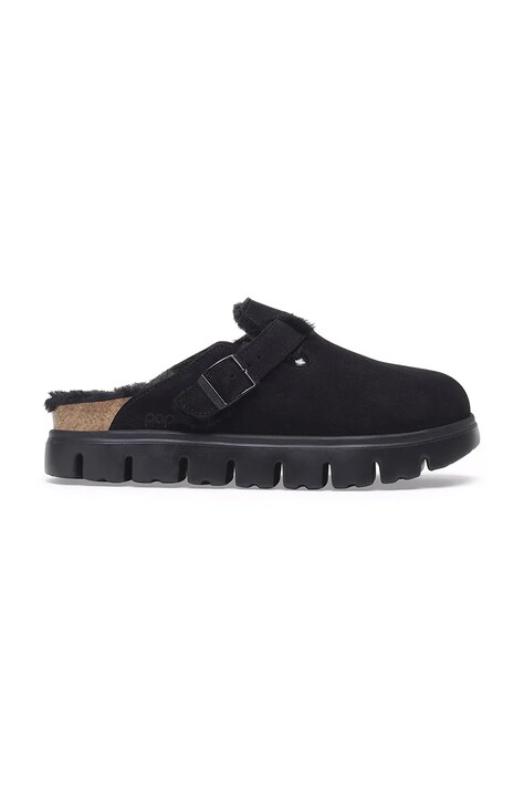 Birkenstock Boston Chunky Shearling LEVE klapki z odkrytą piętą damskie zamszowe czarne 1028453