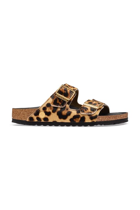 Birkenstock Arizona FUR Leo Natural HEX klapki na płaskim obcasie damskie skórzane brązowe 1032839