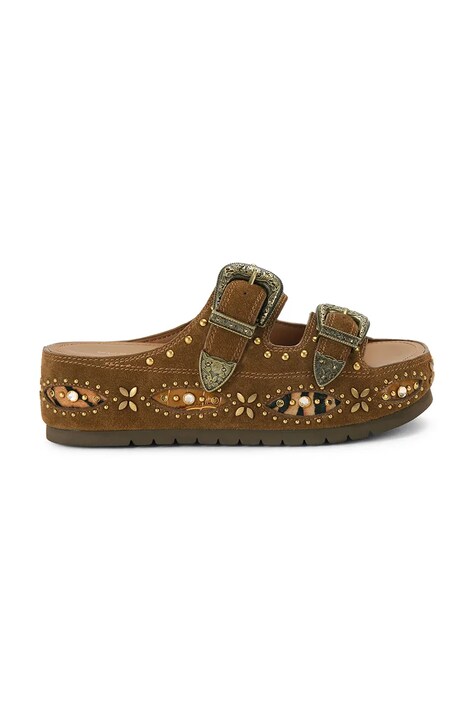 Kurt Geiger London klapki na platformie damskie zamszowe Western Buckle Flatform brązowe 5843730209