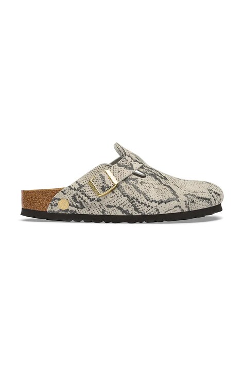 Birkenstock klapki mules damskie skórzane Boston Rivet Logo Suede Leather Snake beżowe 1033086