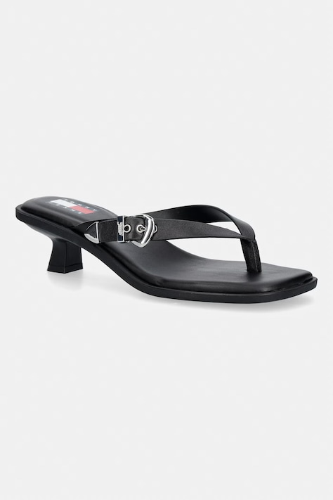 Tommy Jeans žabky dámské kožené TJW KITTEN HEEL LEATHER SANDALS černé EN0EN03154