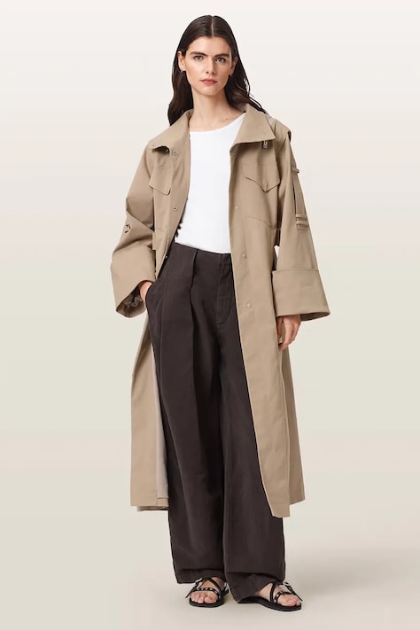 AllSaints Trencz damski z bawełną CLAYTON beżowy W003OF