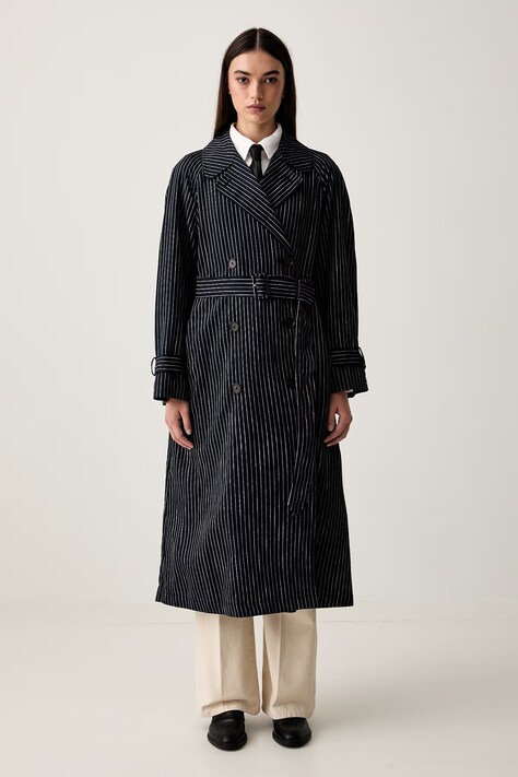 Tommy Hilfiger trenčkot dámský s příměsí lnu námořnický modrý WW0WW49841