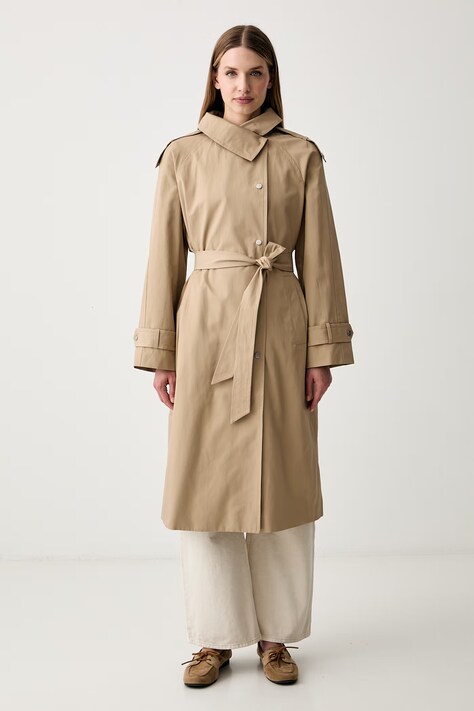 DKNY płaszcz damski z bawełną beżowy DLEMPY55
