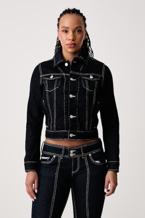 Juicy Couture Kurtka jeansowa damska bawełniana DOG CREST DENIM granatowa JCDIJ226951