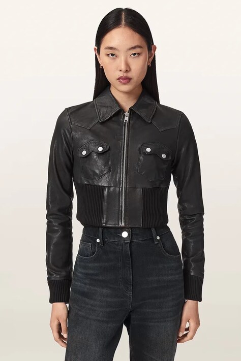 AllSaints Krótka kurtka damska skórzana LENA czarna W044LE