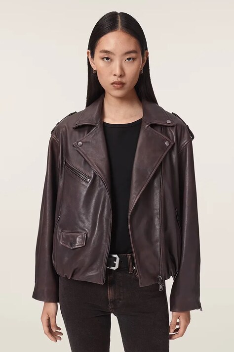 AllSaints Krótka kurtka damska skórzana SAMINA bordowa W023LF