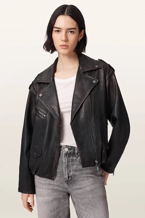 AllSaints Rövid dzseki női bőr SAMINA fekete W023LF