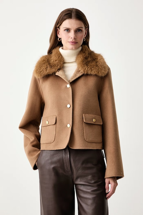 Tommy Hilfiger Krátká bunda dámská s příměsí vlny béžová WW0WW52914