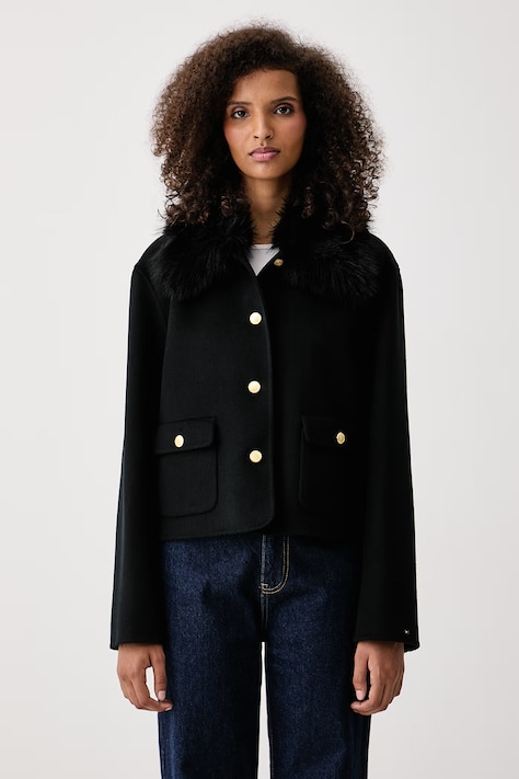 Tommy Hilfiger Jachetă scurtă pentru femei cu amestec de lână neagră WW0WW52914