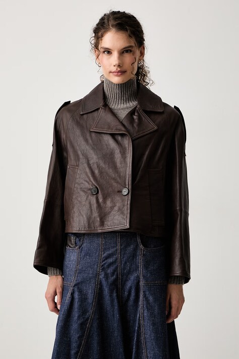 Weekend Max Mara Krótki trencz damski skórzany WKDFELINO brązowy 2625446051600