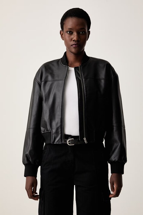 Guess Jeans bomber jakna ženska iz imitacije usnja črna W6YL01 W2525