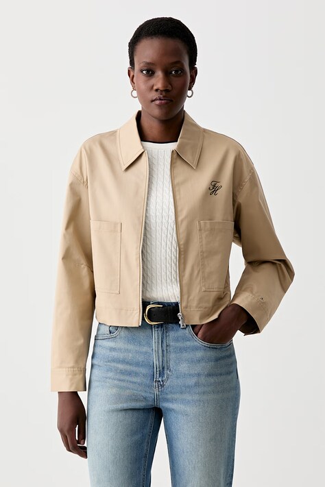 Tommy Hilfiger prechodná bunda dámska bavlnená s elastanom béžová WW0WW50144