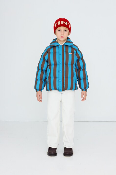 Tinycottons Kurtka pikowana dziecięca bawełniana BLUE-CACAO STRIPES SHORT PADDED JACKET niebieska AW26-045