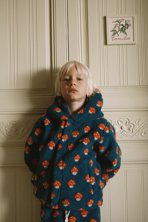 Tinycottons Bluza rozpinana z kapturem dziecięca polarowa TINY MUSHROOMS SHERPA HOODIE granatowa AW26-234