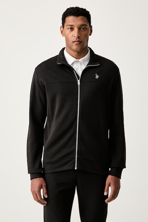 U.S. Polo Assn. μπλούζα με κουμπιά ανδρική με βαμβάκι LUXE DHM ZIP THROUGH FUNNEL μαύρη MUP5489