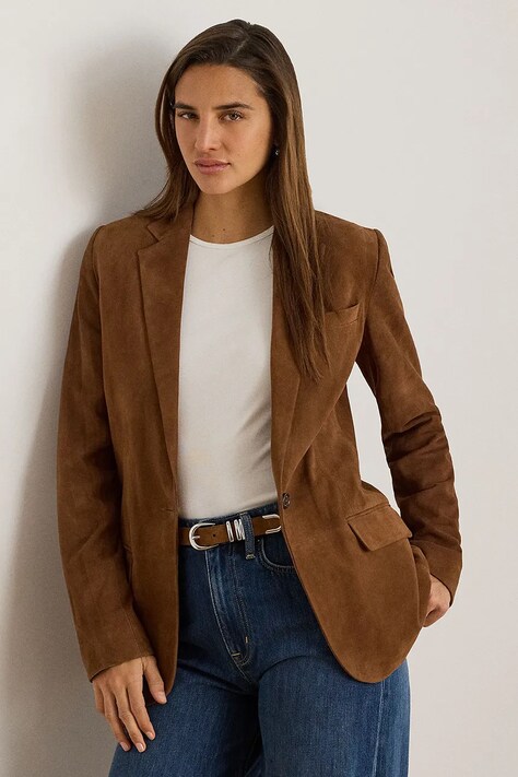 Lauren Ralph Lauren marynarka jednorzędowa damska zamszowa brązowa 200B24164