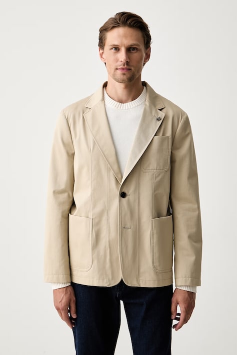 Tommy Hilfiger jednoradové sako pánske bavlnené béžové MW0MW43551