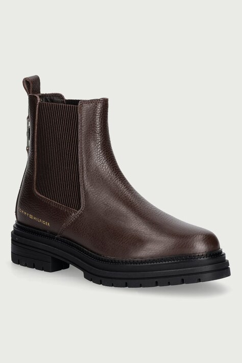 Tommy Hilfiger Sztyblety damskie skórzane TH EMBOSS GRAIN LEATHER CHELSEA brązowe FW0FW09559