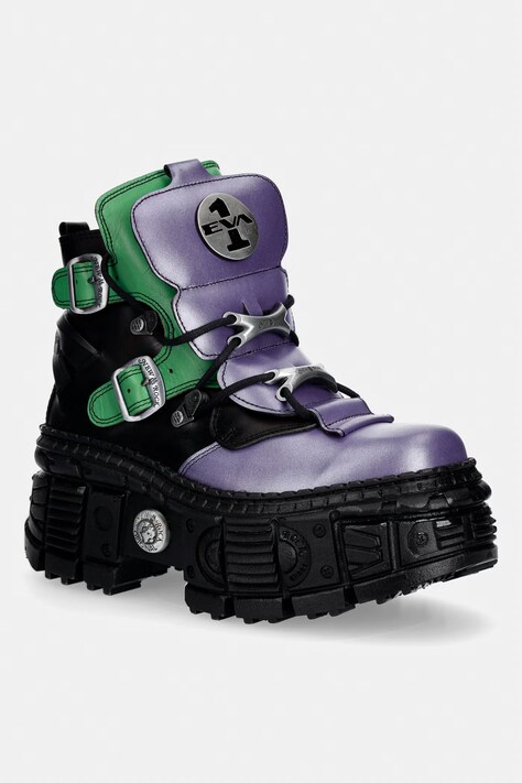 New Rock ANTIK LILA + NAPA VERDE + CRUST NEGRO + IMPERFECT TANK NEGRO TORNILLOS workery na platformie damskie skórzane fioletowe M.WALL052.CEV163