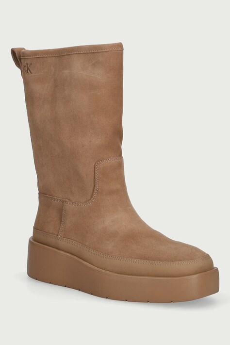 Calvin Klein Боти с платформа дамски от велур FLATFORM MID BOOT SUEDE WL бежови HW0HW03181