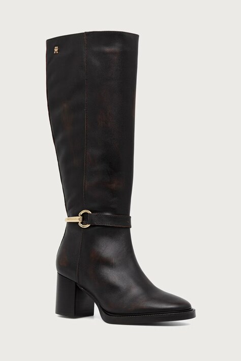 Tommy Hilfiger Kozaki na słupku damskie skórzane TH STUD HEEL RIDING KNEE BOOT brązowe FW0FW09551