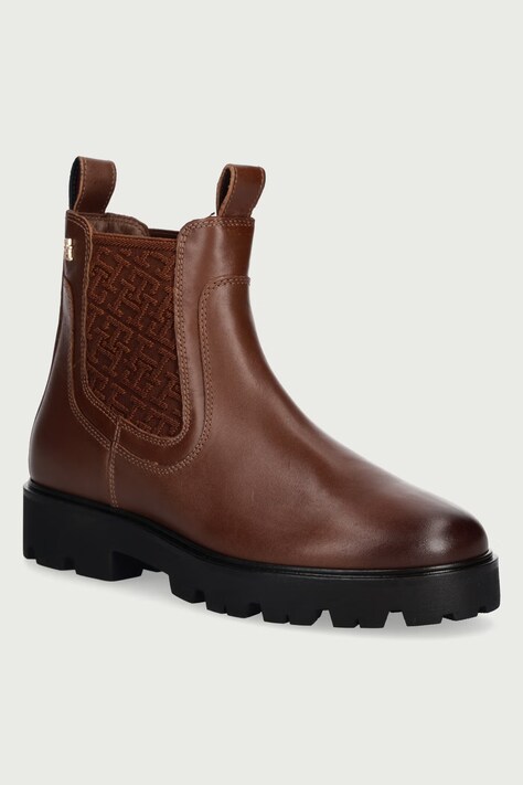 Tommy Hilfiger Ghete scurte pentru femei din piele TH MONOGRAM LEATHER CHELSEA BOOT maro FW0FW09562