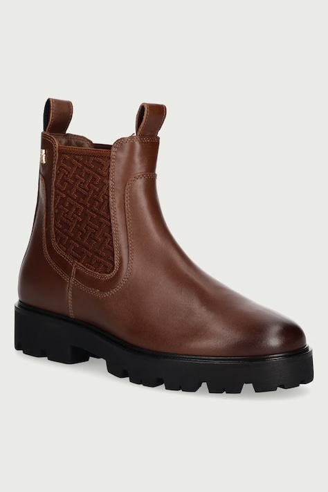 Tommy Hilfiger Ghete scurte pentru femei din piele TH MONOGRAM LEATHER CHELSEA BOOT maro FW0FW09562
